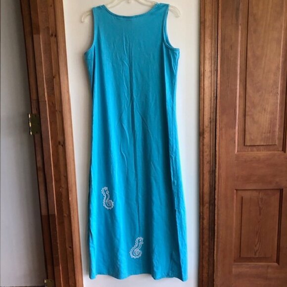 SUSAN BRISTOL Beaded Seahorse Turquoise Sleeveless Maxi Dress Vintage M - Picture 8 of 15
